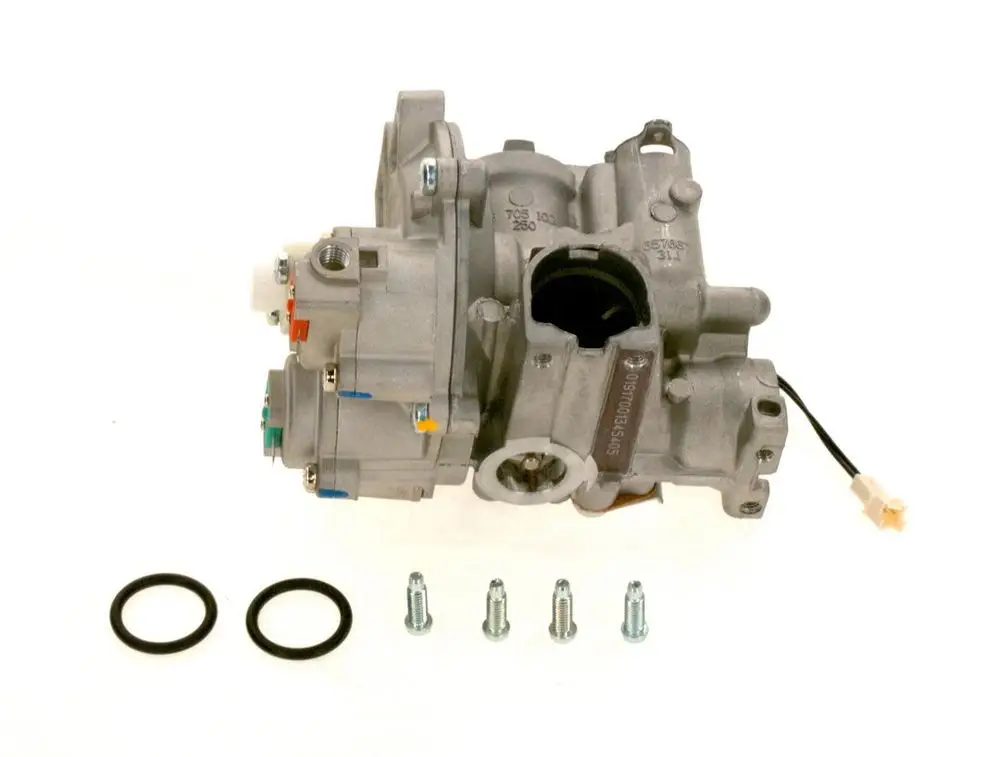 BOSCH Gasarmatur mit mehreren Anschlüssen und O-Ringen sowie Schrauben, in einem kompakten Design. Anordnung der Komponenten ist deutlich erkennbar.